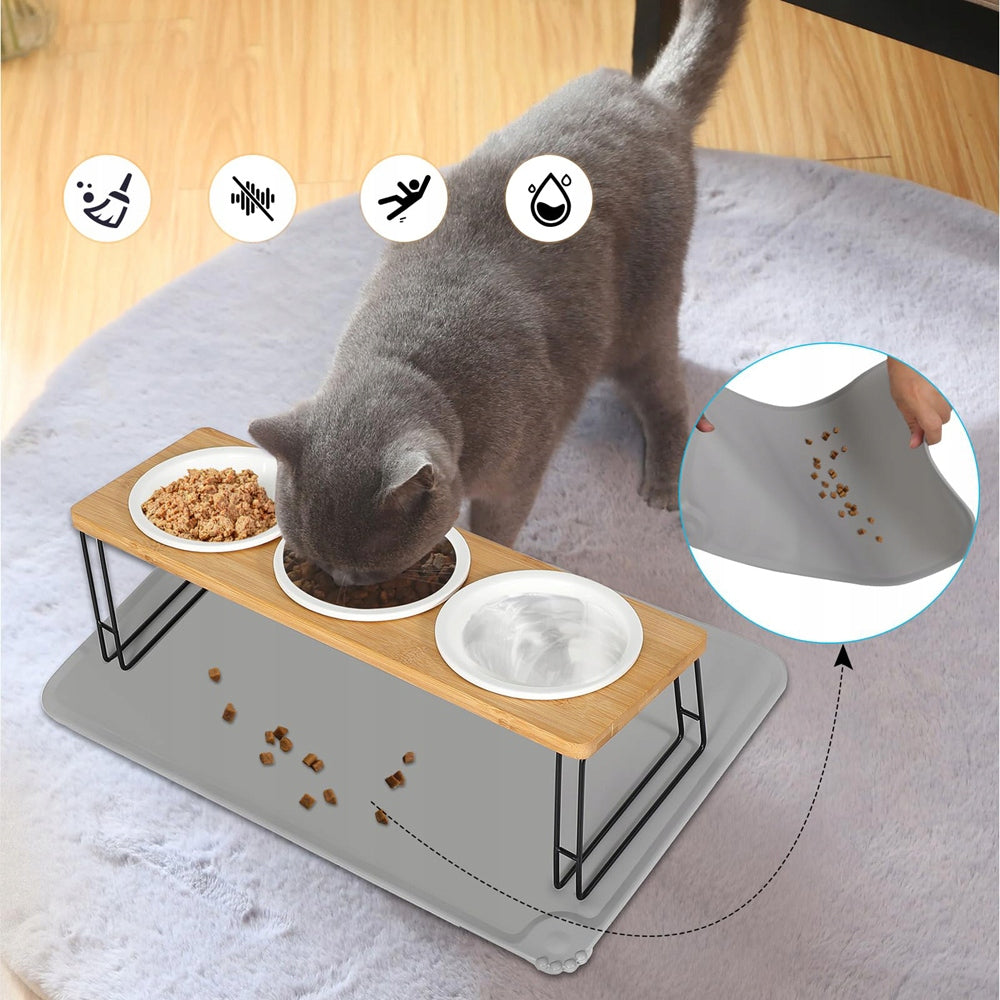CERAMIC BOWL FOR DOG AND CAT 3 BOWLS WOODEN BASE 3X300ML + MAT Packaging status original