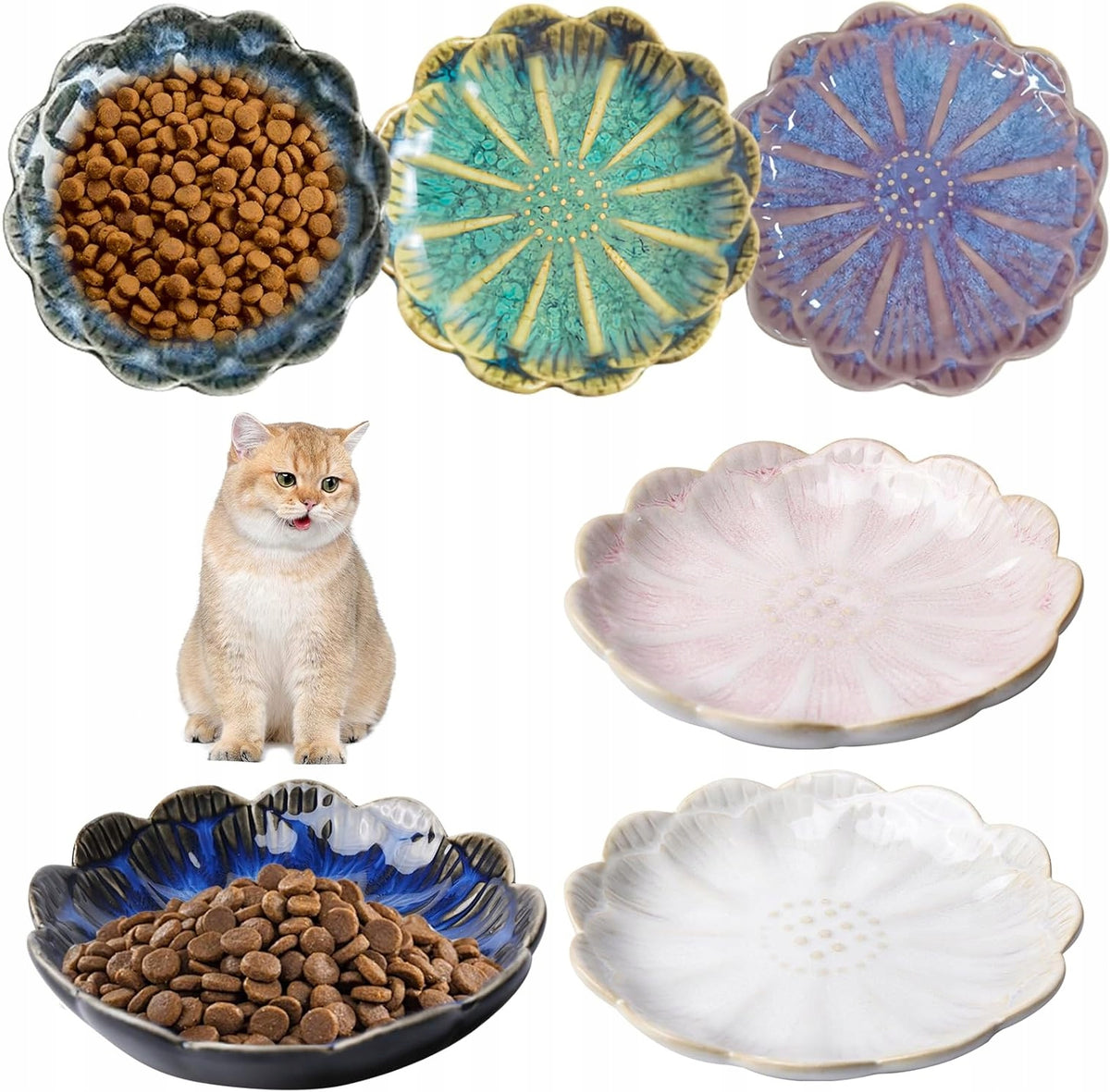 CERAMIC CAT BOWL SET OF 6 FLAT FOOD AND WATER PLATES