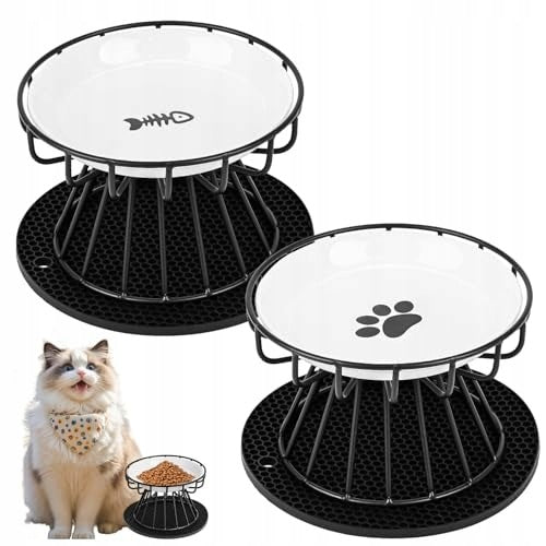 CERAMIC CAT BOWLS 2 PCS SILICONE METAL STAND BLACK Packaging status original