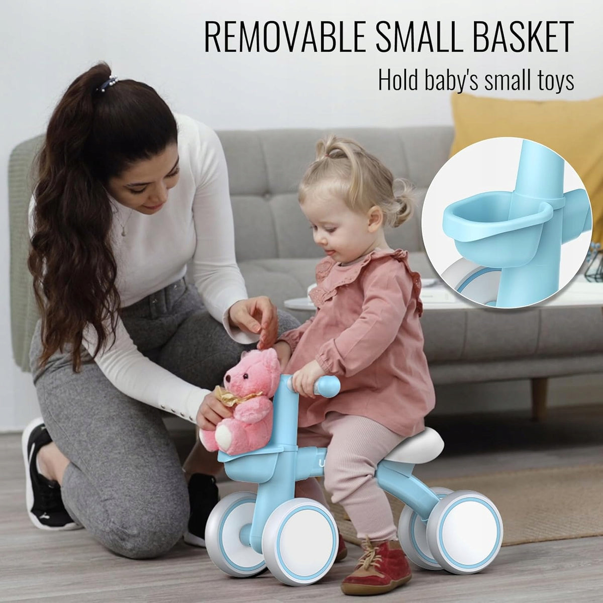CHILDREN'S BALANCE BIKE 1+ RIDER WITH BASKET LIGHT BLUE Packaging status original