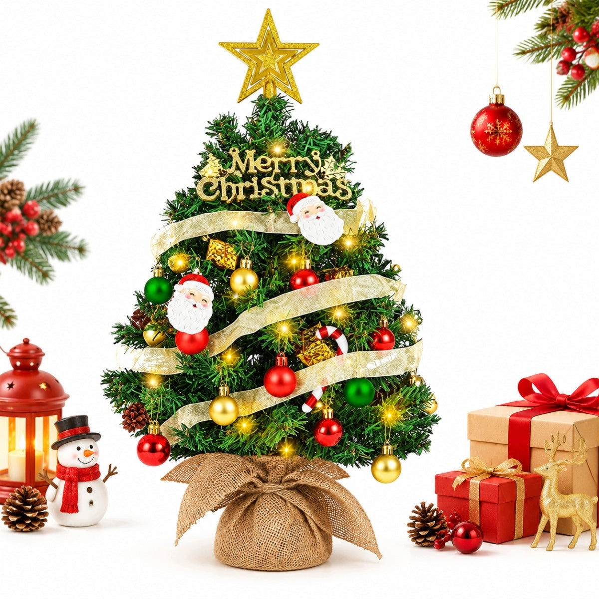 CHRISTMAS TREE DRESSED ARTIFICIAL PINE SMALL 60CM GOLD BAUBLES LAMPS 20LED