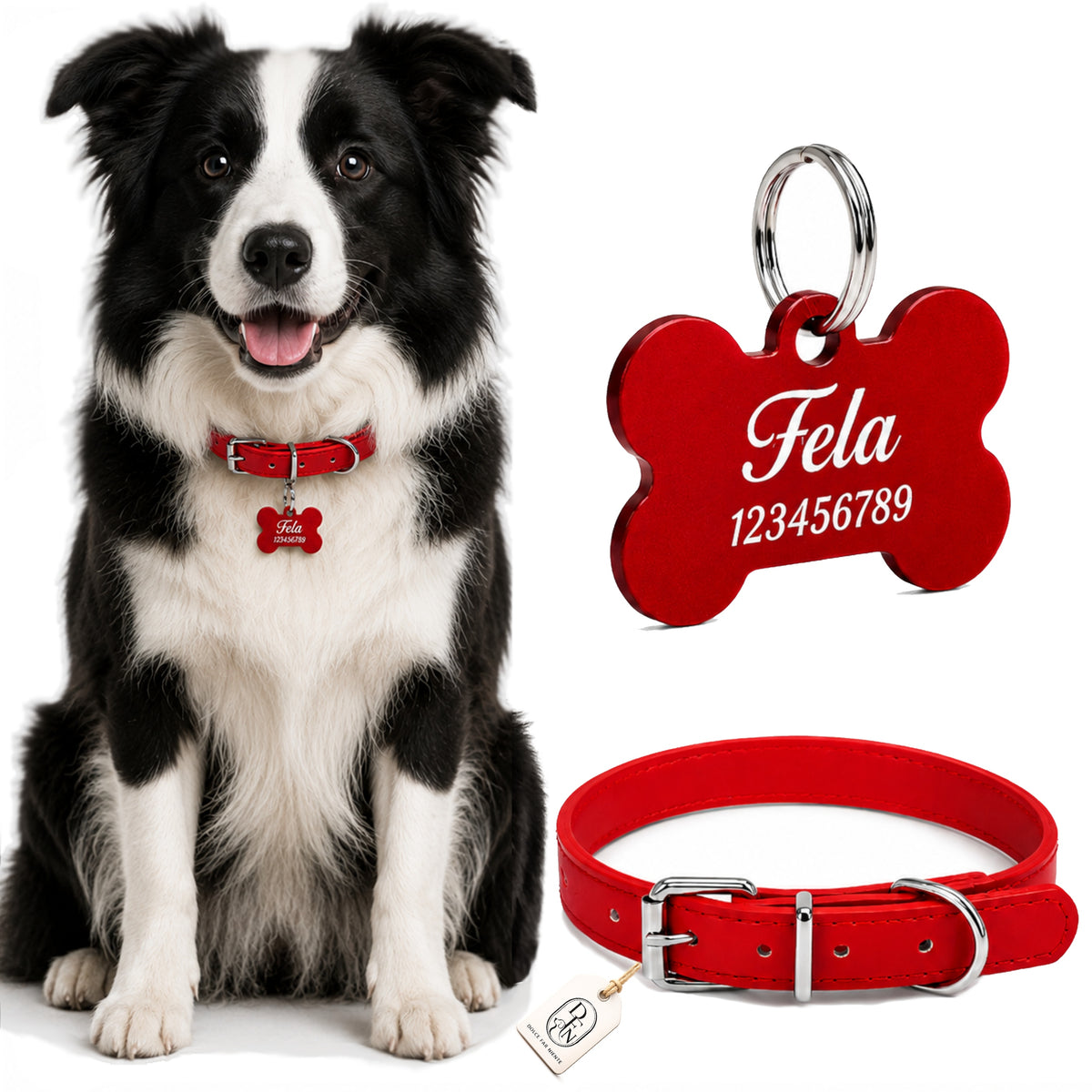 COLLAR FOR BIG DOG RED ADJUSTABLE ADDRESS CARD PERSONALIZATION ENGRAVING