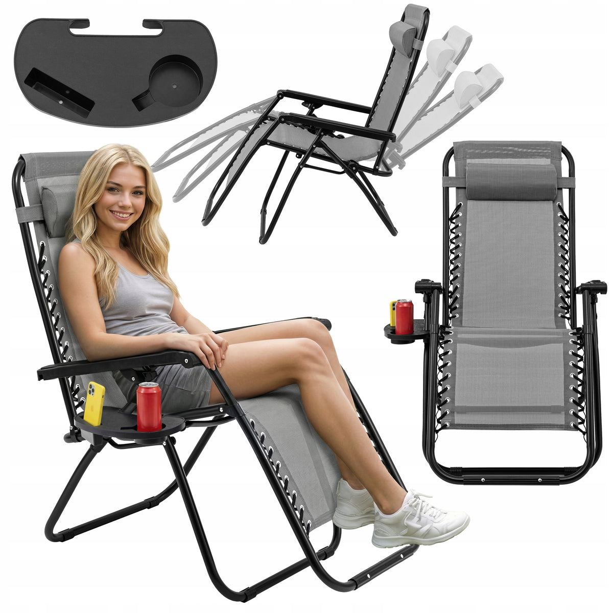 COMFORTABLE SUN LOUNGER WITH BEACH FOOTREST AUTOMATIC ZERO GRAVITY SHELF
