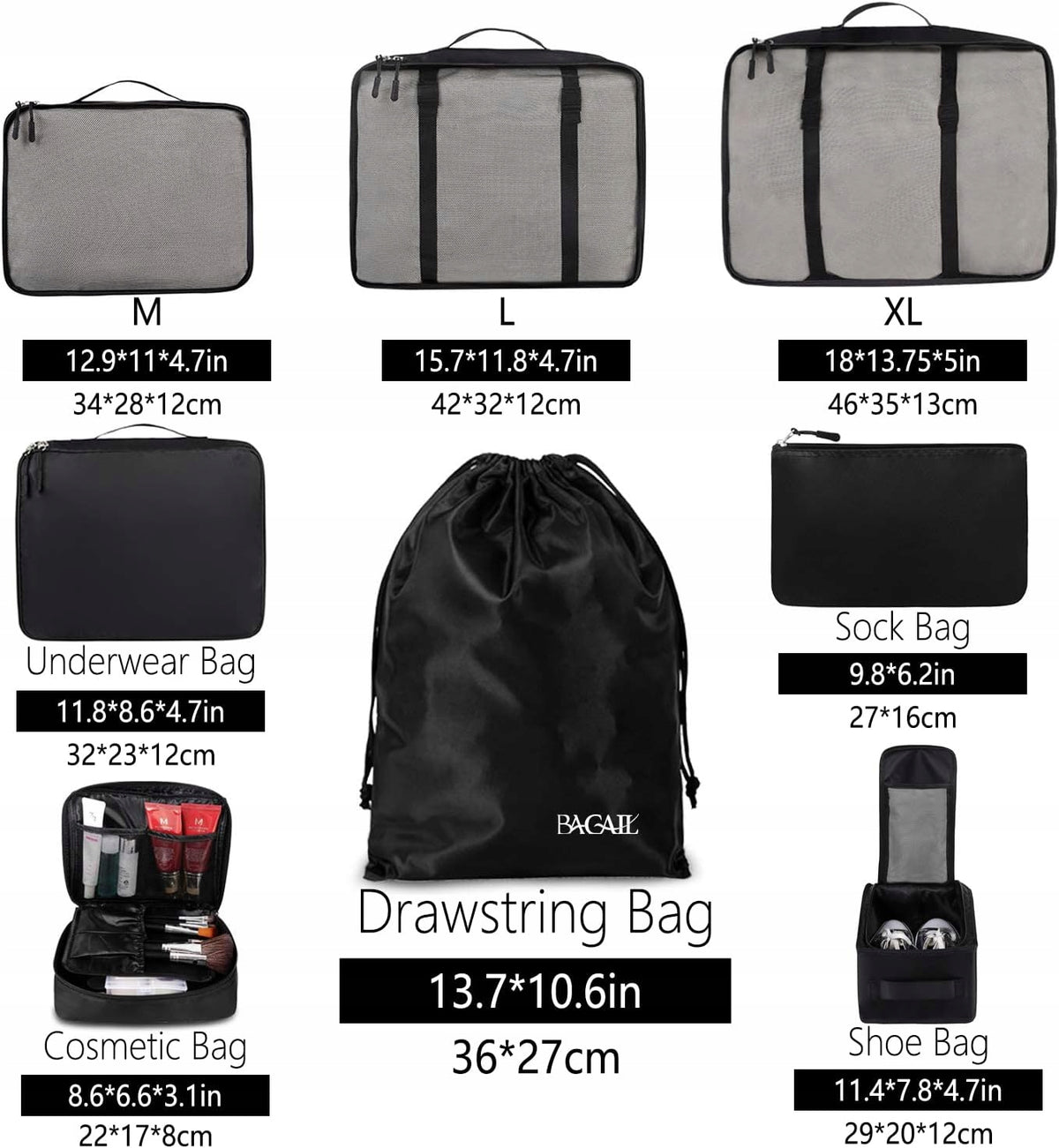 COMPRESSION BAG 8x LUGGAGE PACKING SUITCASE ORGANIZER FOR TRAVEL SET Color black