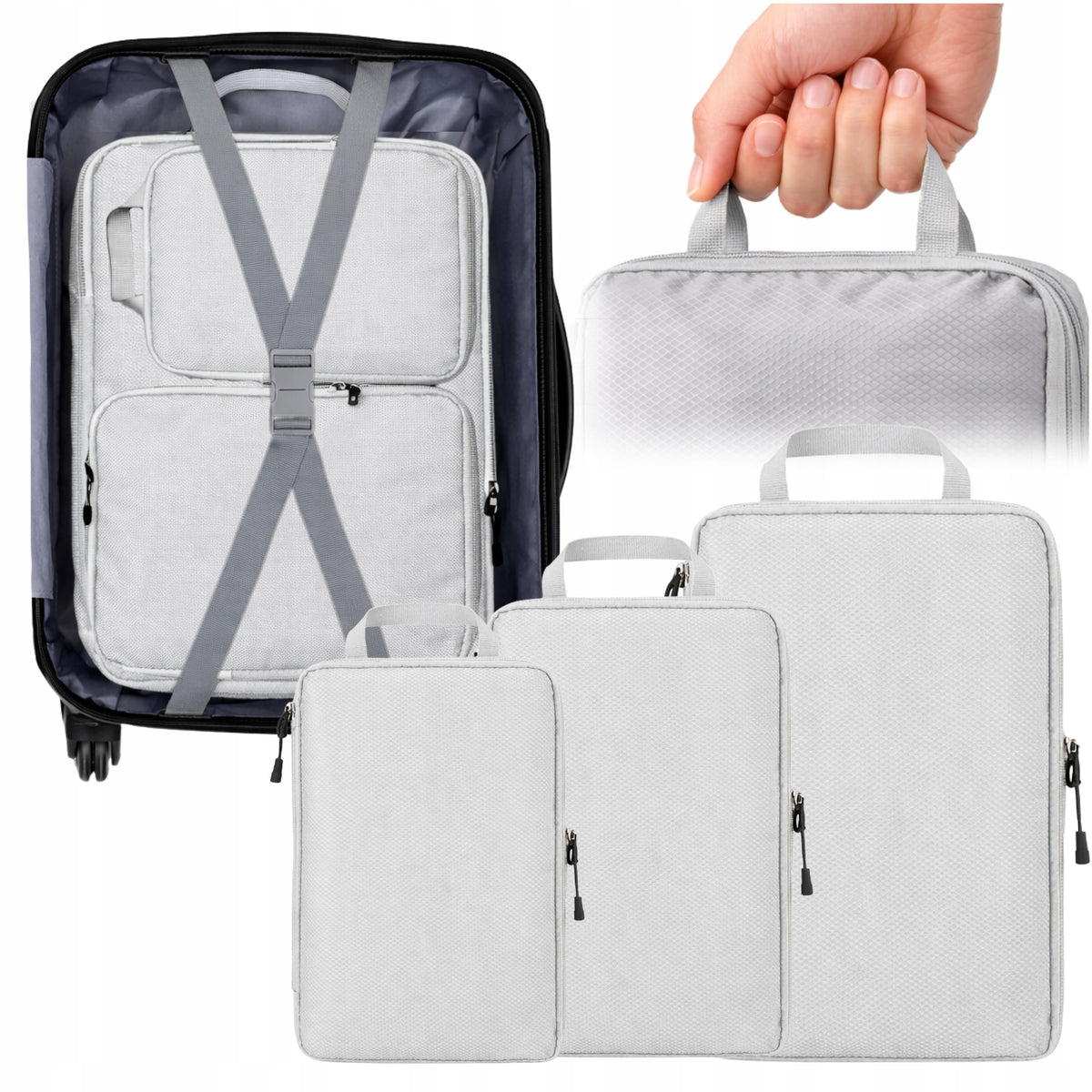 COMPRESSION ORGANIZER FOR TRAVEL SUITCASE FOR CLOTHES BAGS 3PCS GREY