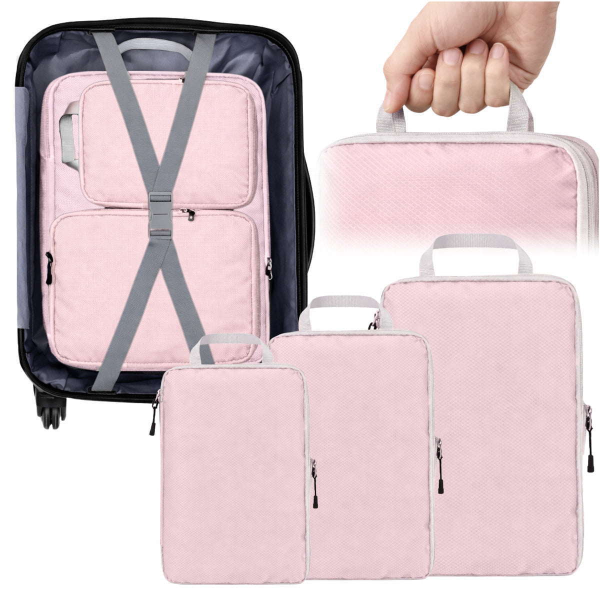 COMPRESSION ORGANIZER FOR TRAVEL SUITCASE FOR CLOTHES BAGS 3PCS PINK