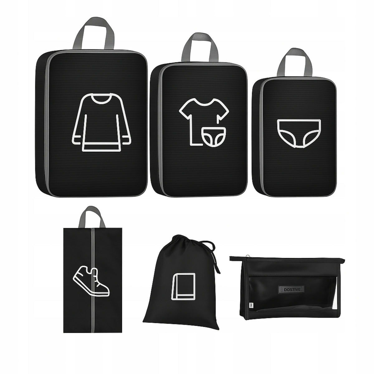 COMPRESSION ORGANIZERS FOR TRAVEL PACKING WATERPROOF SET OF 6 Color black