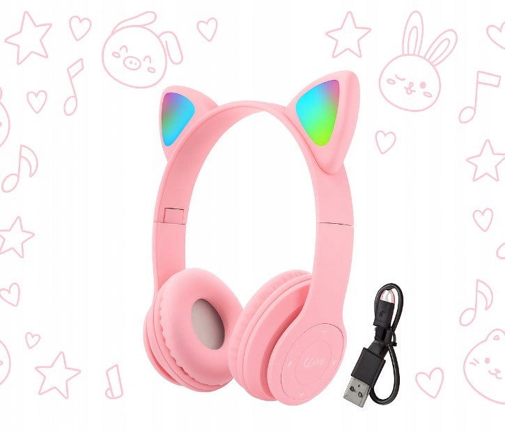 CUTE PINK CAT EARS HEADPHONES FOR GIRLS WIRELESS ON-EAR