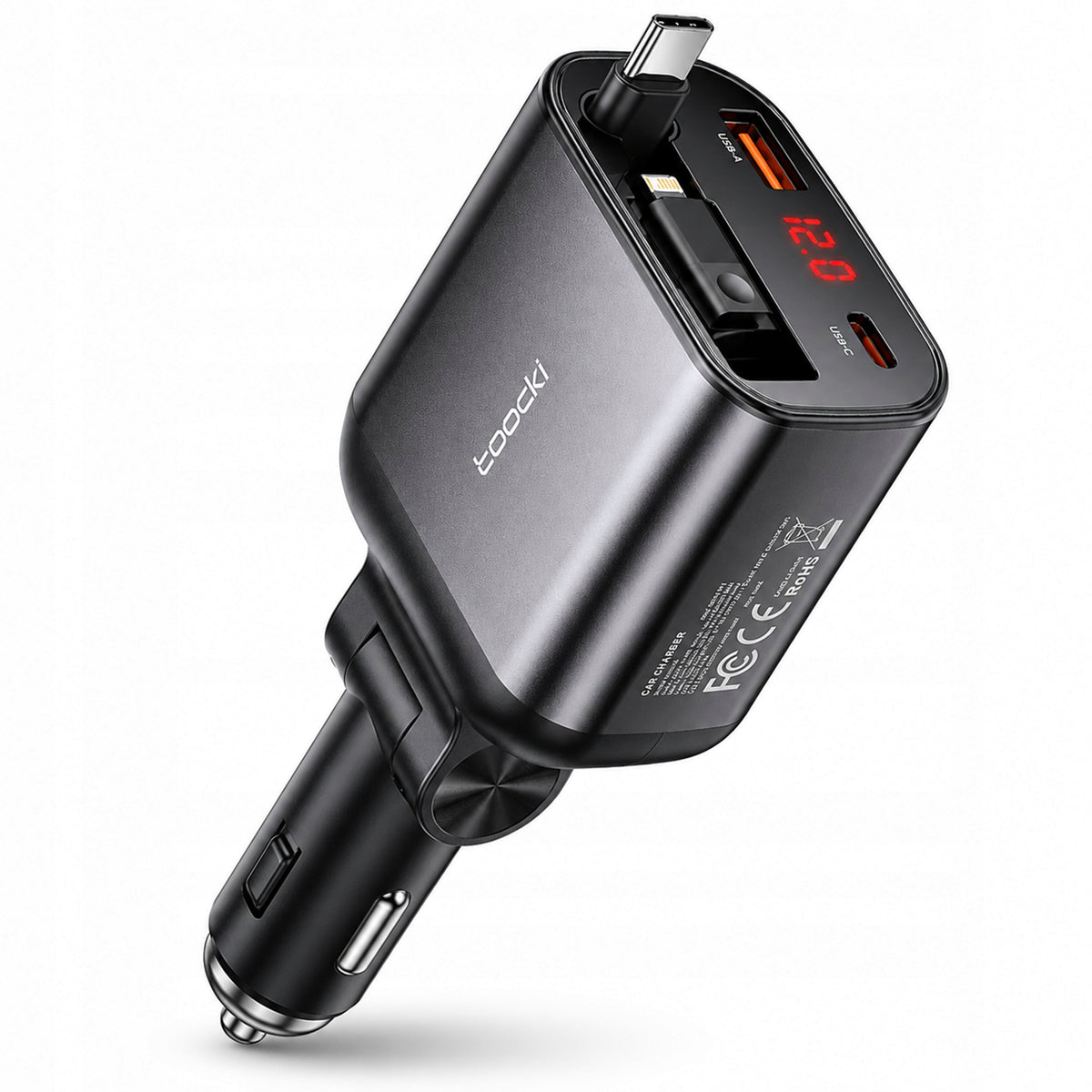 Car Charger Fast USB-C USB-A Lightning 105W Retractable Cable 80cm