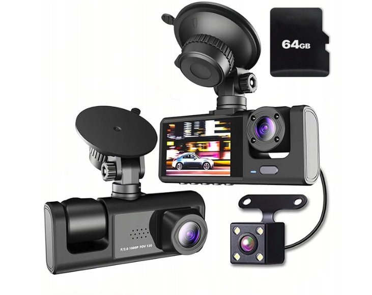Car Video Recorder 3-Channel 1080P IR G-Sensor + 64GB Card