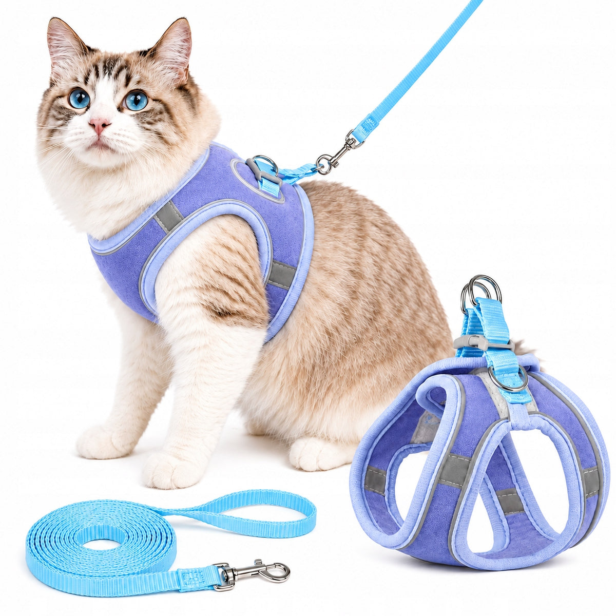 Cat Harness with Lanyard Blue Lavender Size S Reflective Soft