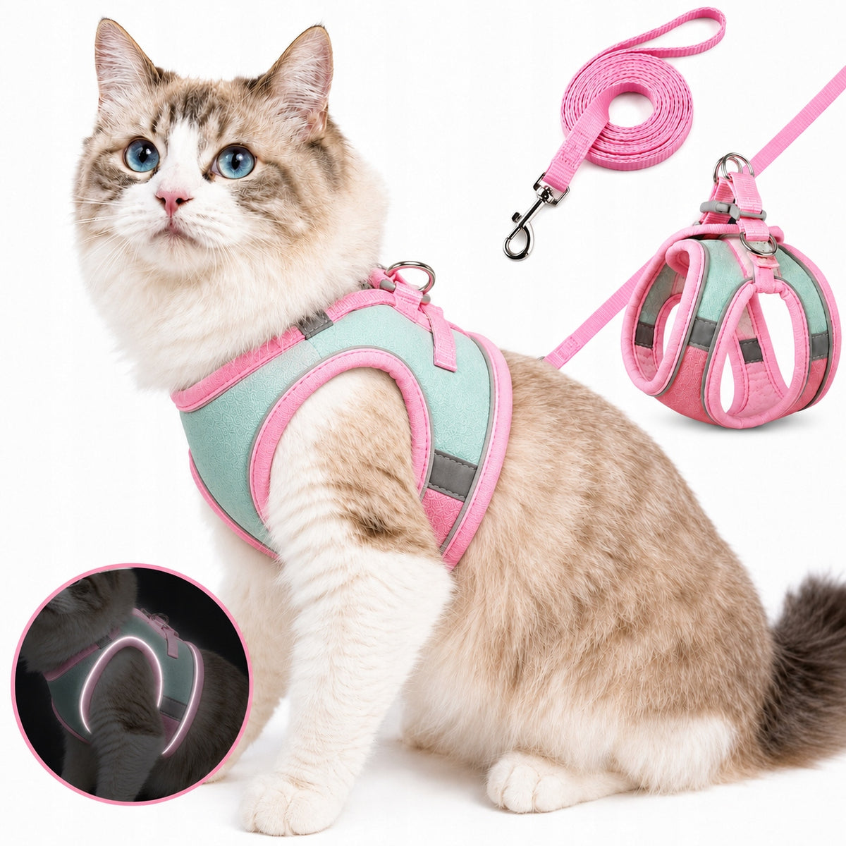 Cat Harness with Lanyard Pink Size M Reflective Soft