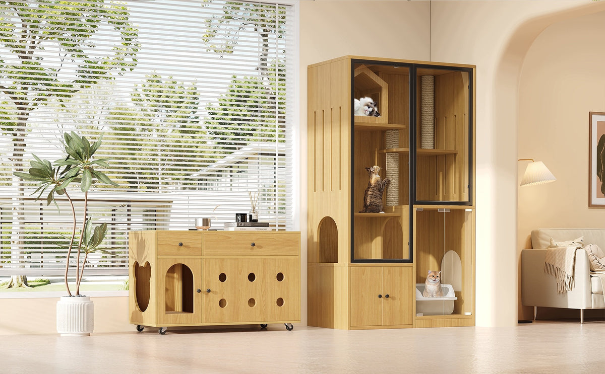 Cat Litter Box 50 x 160 cm in Maple MDF and Glass with Storage Drawers