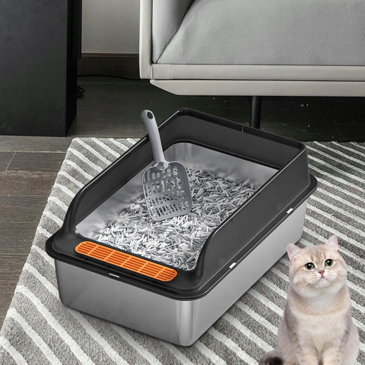 Cat Litter Box, Cat Sand Box, Heightened Fence, with Spoon ,Open Top Black