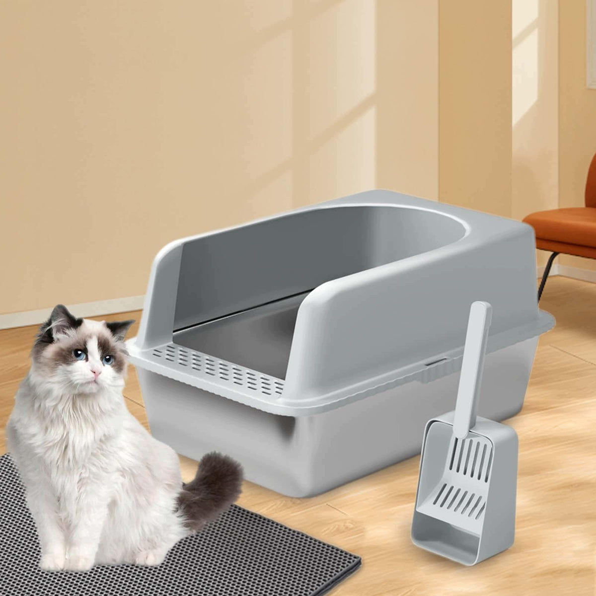 Cat Litter Box Kitten Litter Pan Large Cat Sand Box Semi light gray