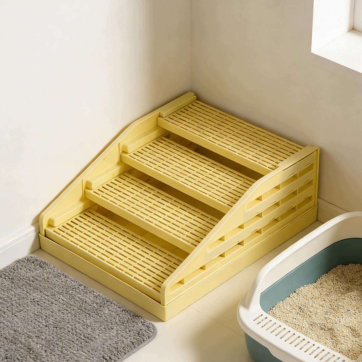 Cat Litter Box Ramp Cat Litter Catcher Stair Double Layer for Small Yellow