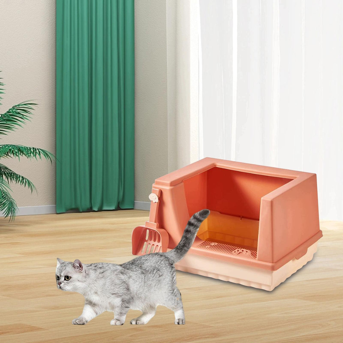 Cat Litter Box Semi Enclosed Raised Fence Leakproof Double Layer Orange L