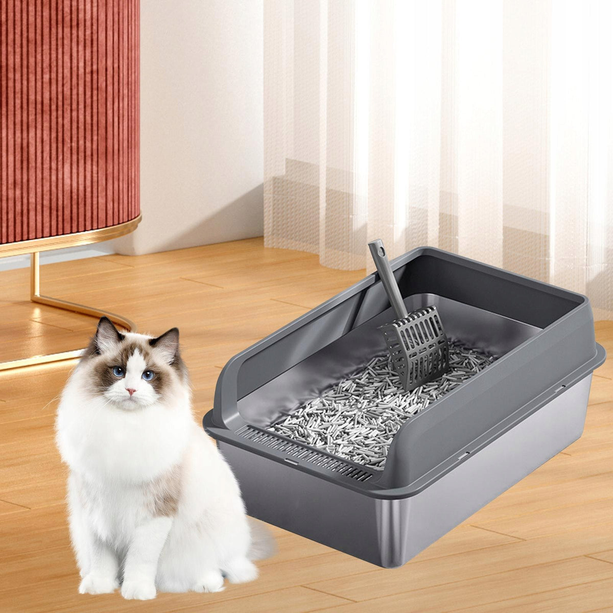 Cat Litter Box Splashproof Cat Sand Basin Portable Large Dark Grey and L