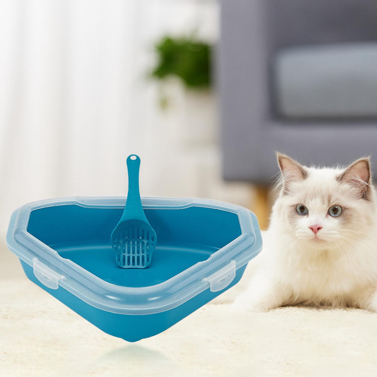 Cat Litter Tray, Cat Litter Box, Triangular with Scooper Open Top Anti Blue
