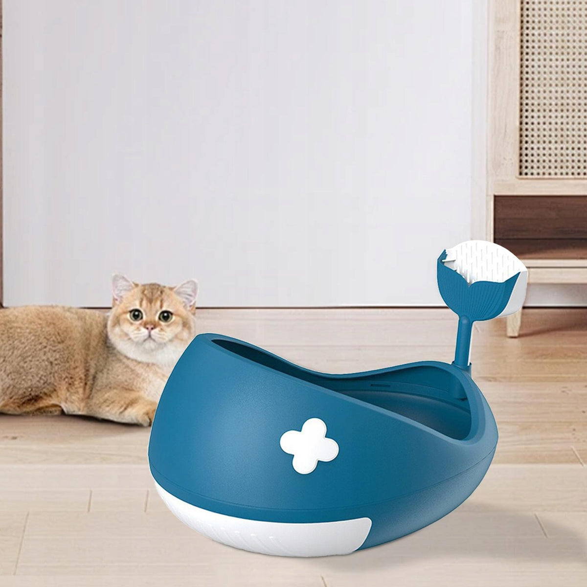 Cat Litter Tray with Scoop Splashproof Sturdy Cat Sand Box Low Entry Blue
