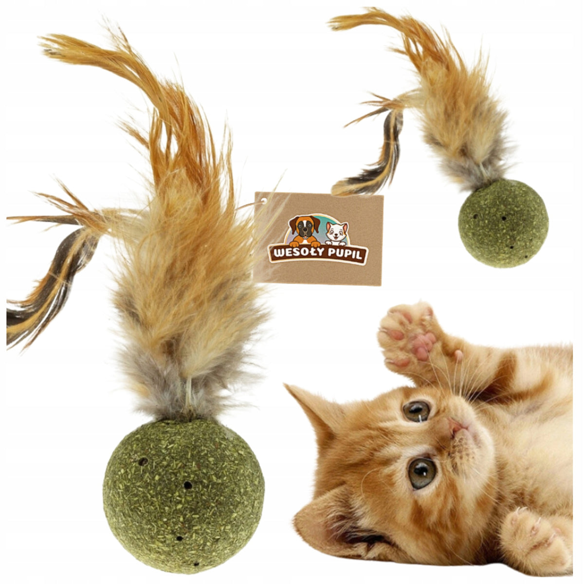 Cat Toy Interactive Catnip BALL with Feathers and Stick 14cm