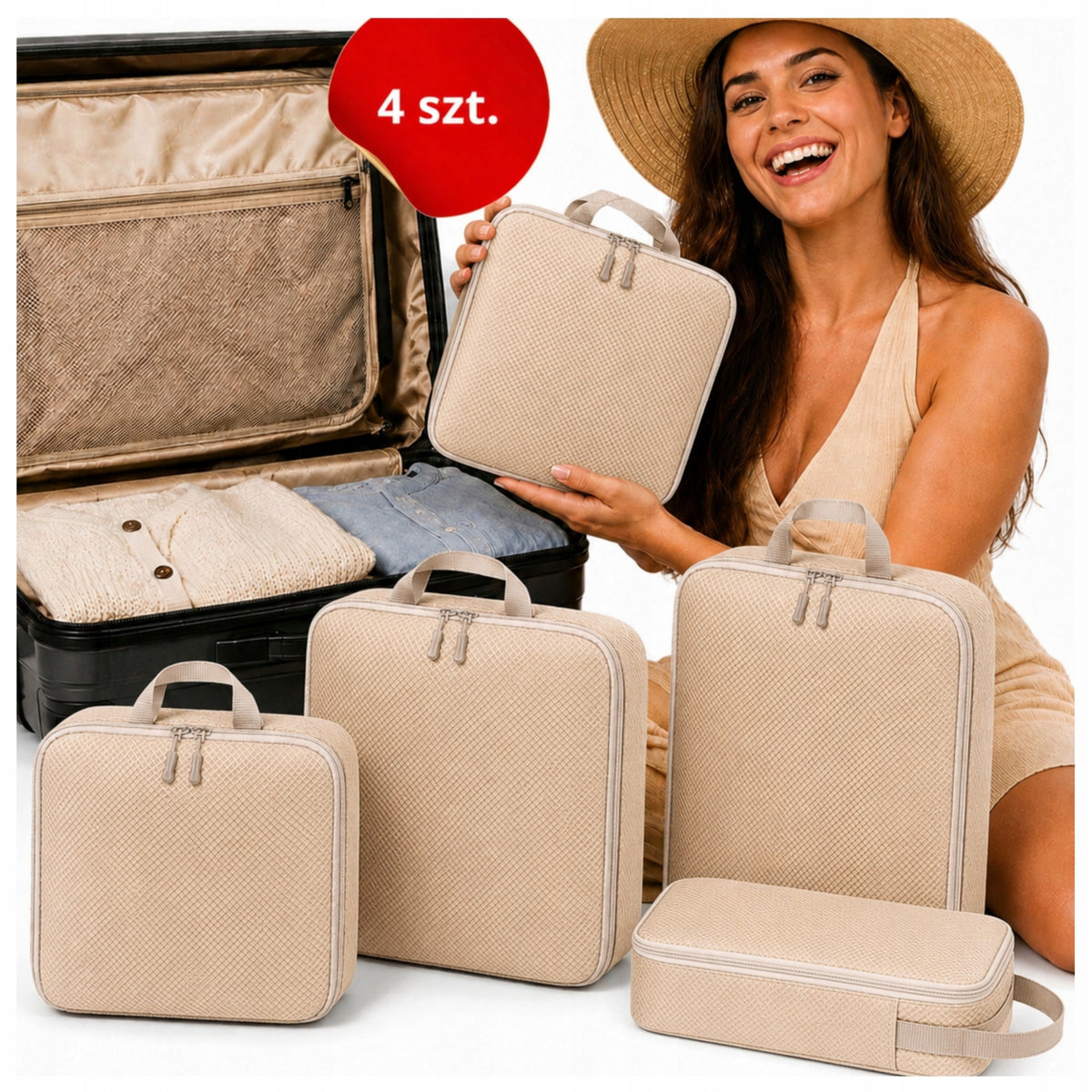Compression Organizer For Suitcase Packing Clothes Bags Backpack 4in1 Beige