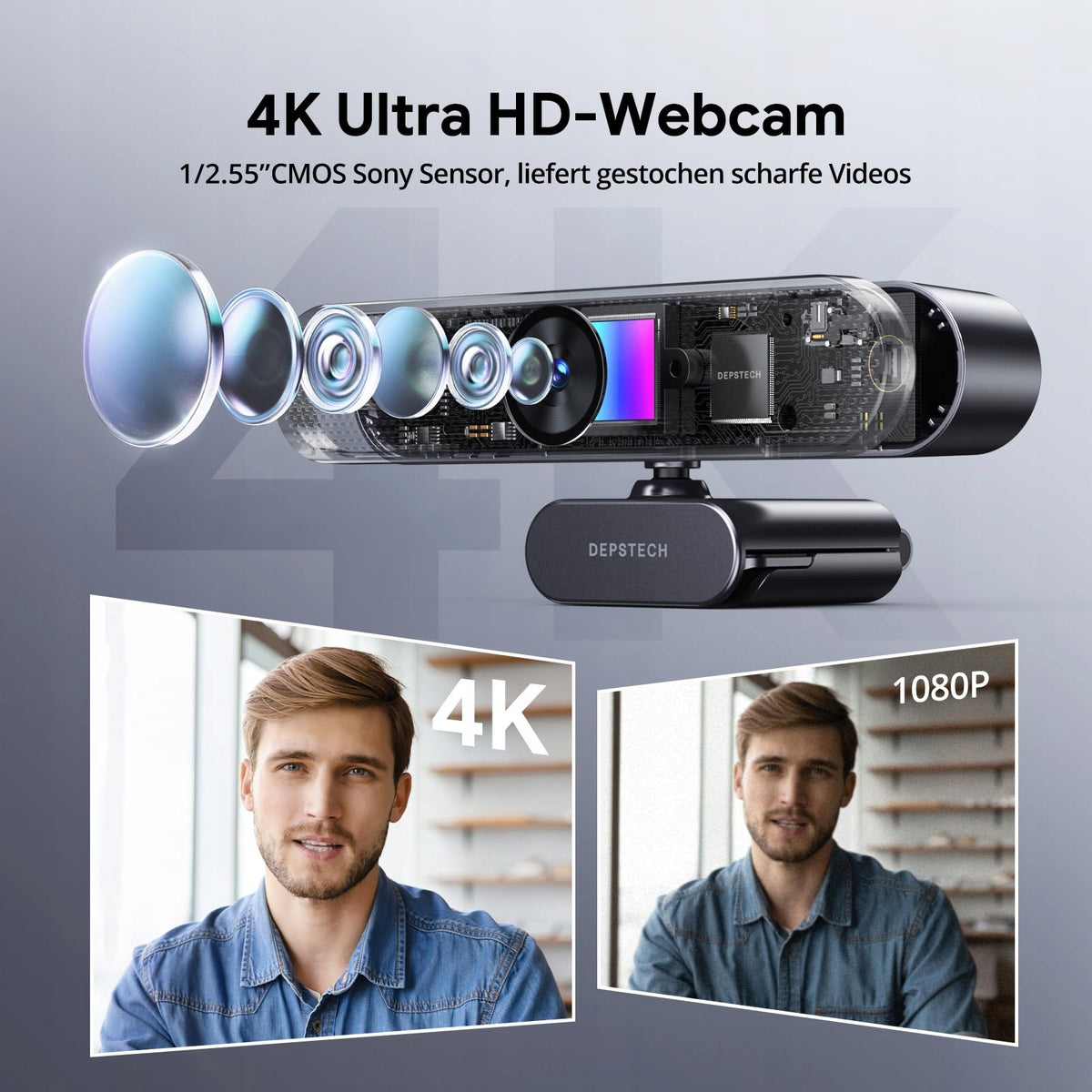 DEPSTECH Webcam 4K Ultra HD Microphone Zoom Autofocus PC Mac Packaging status original