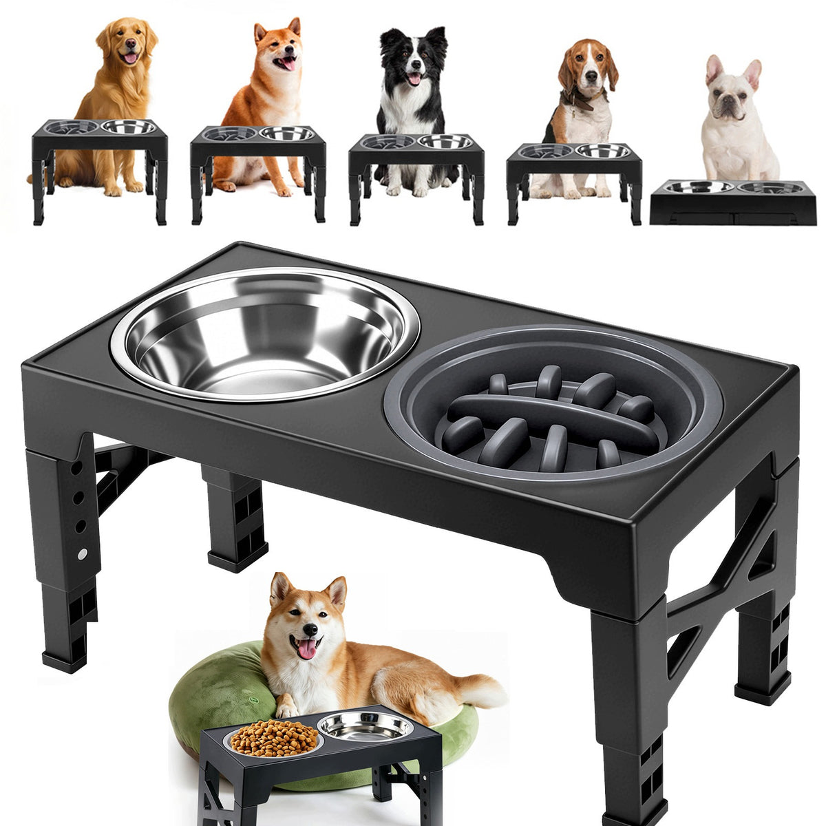 DOG BOWL ON STAND ADJUSTABLE SLOWING SET OF 3 ANTI-SPILL