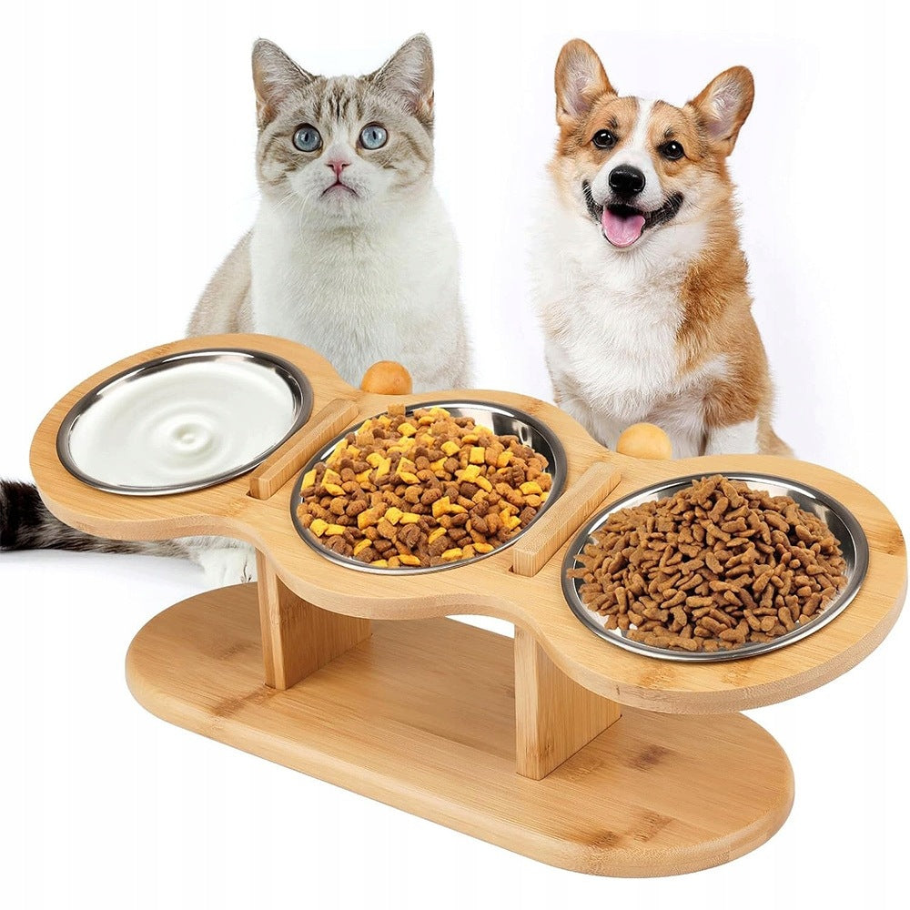 DOG CAT BUFFET TRIPLE WOODEN STAND ADJUSTABLE 15