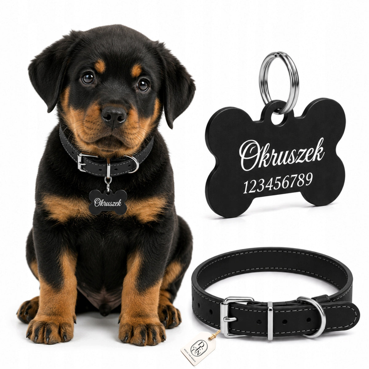 DOG COLLAR BLACK ADJUSTABLE ADDRESS CARD PERSONALIZATION ENGRAVING PUPPY