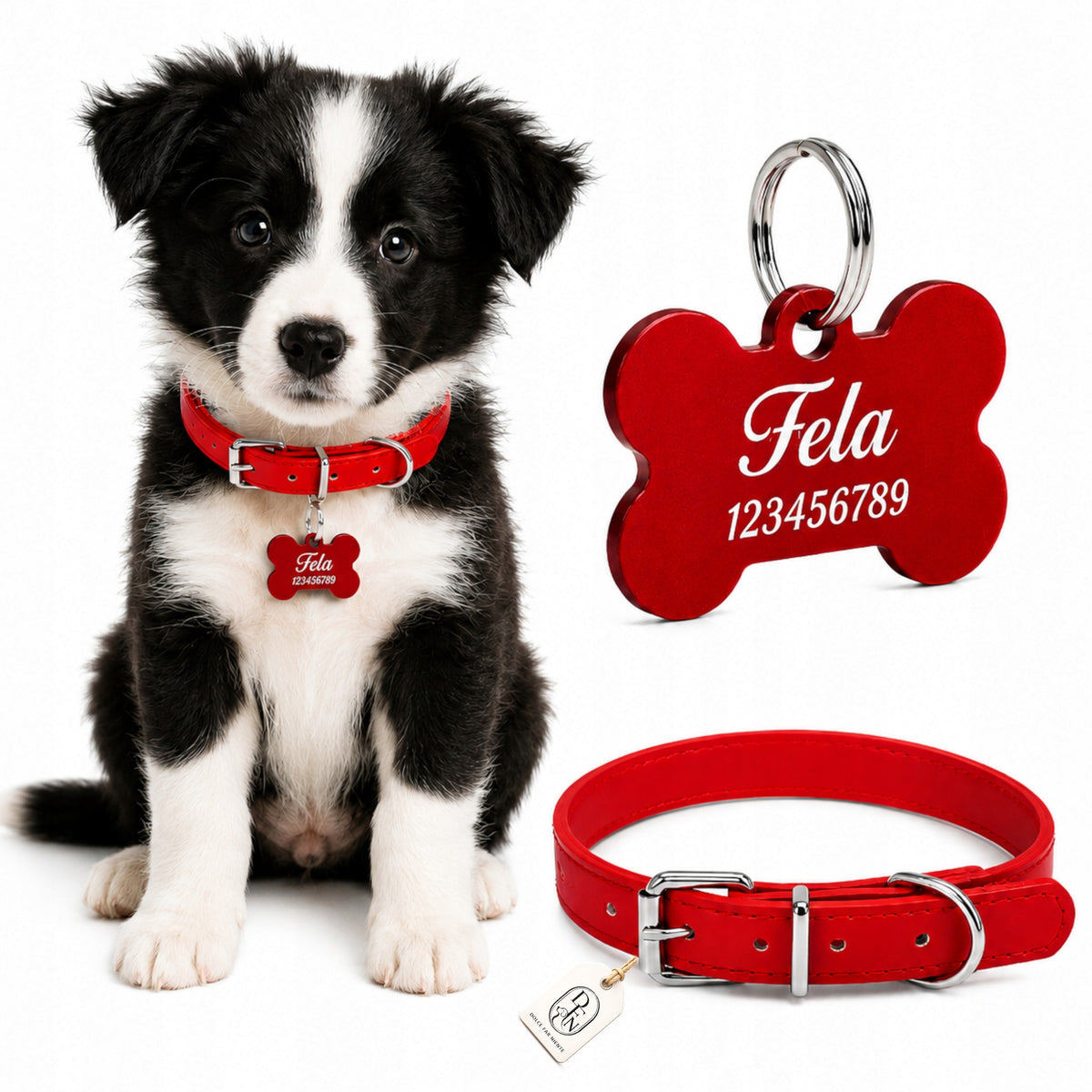 DOG COLLAR RED ADJUSTMENT ADDRESS CARD PERSONALIZATION ENGRAVING PUPPY