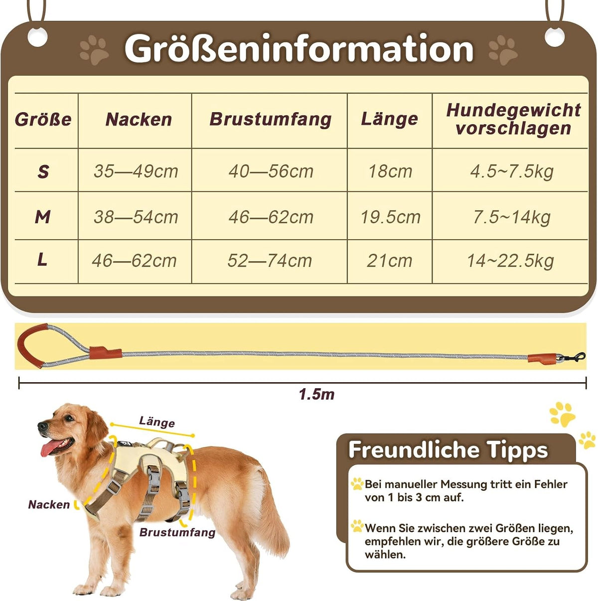 DOG HARNESS S BEIGE HARNESS LEASH 1,5M SET