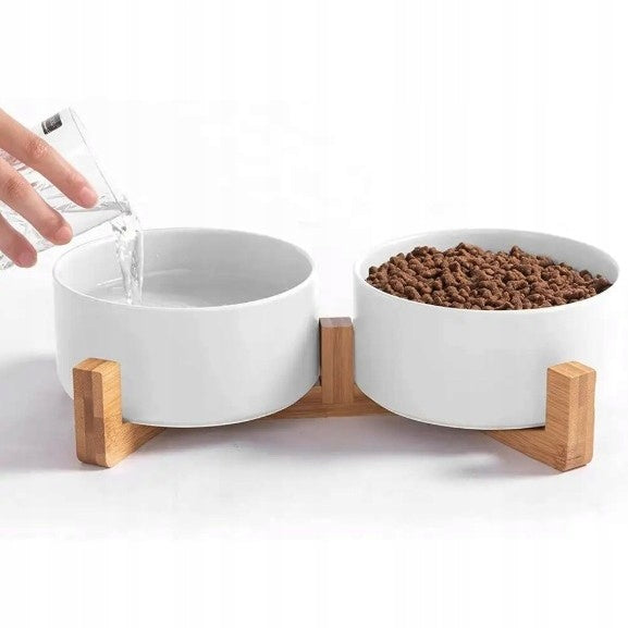 DOUBLE CERAMIC CAT DOG BOWL SET OF 2 FOOD BOWLS ON BASE