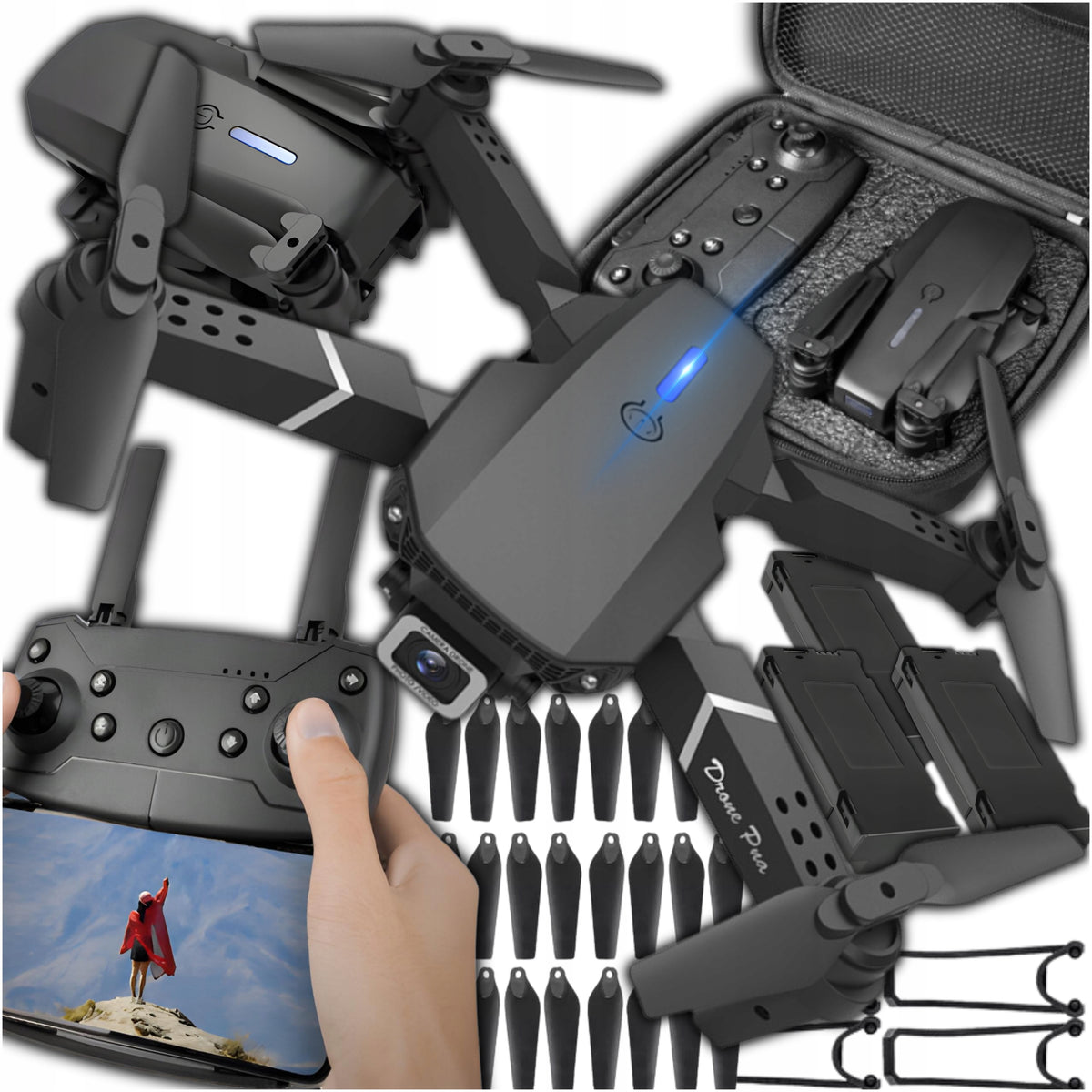 DRONE PRO WiFi CASE 2 HD LED CAMERAS 3 BATTERIES 1800mAh XXL SET
