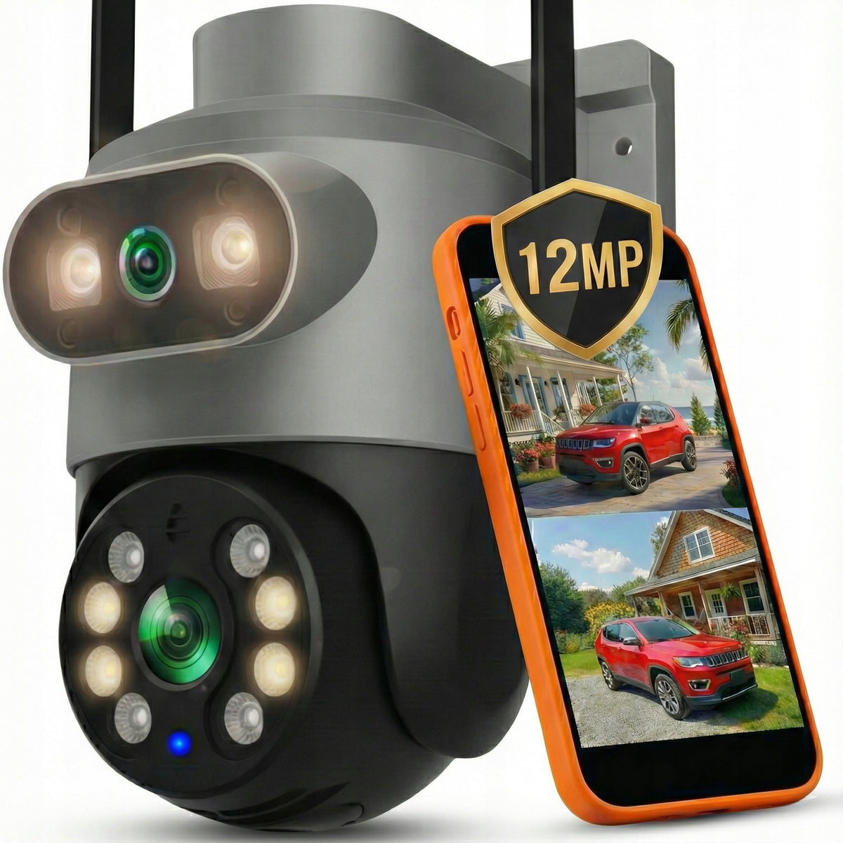 DUAL WIFI IP CAMERA OUTDOOR ROTATING 12MPX MICROPHONE UHD FUNCTIONS AI