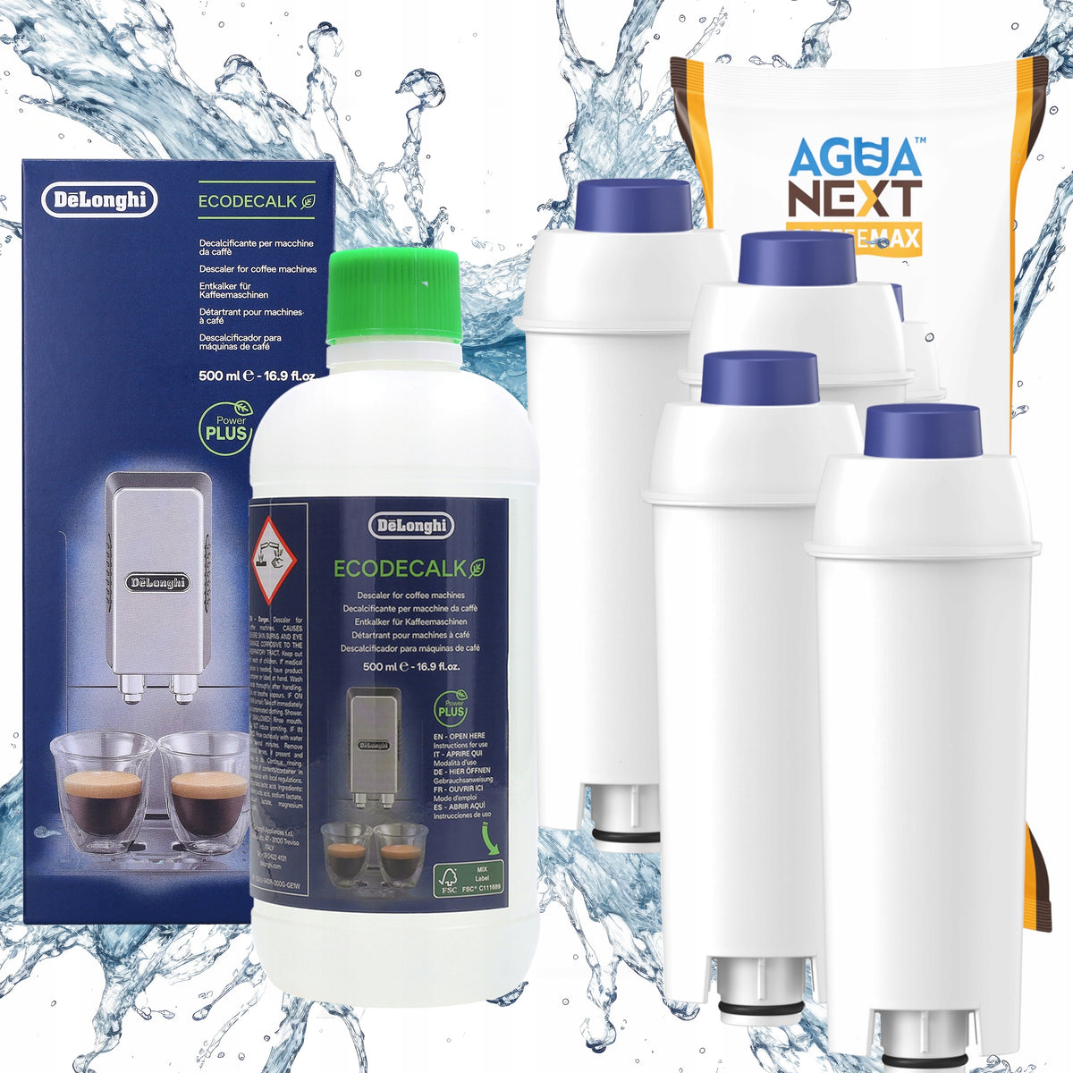 Delonghi Descaler + Agua Next Water Filter for Delonghi Machine 4 Pack