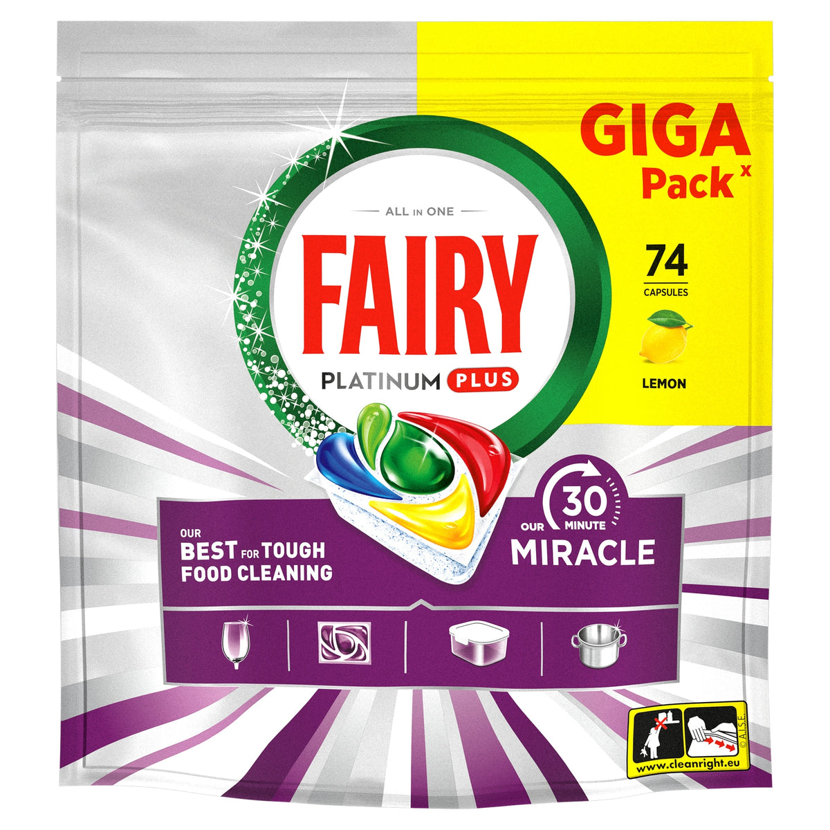 Dishwasher Capsules Fairy Platinium Plus All In One 30Minut Miracle 74 Pack Manufacturer code 0000002444