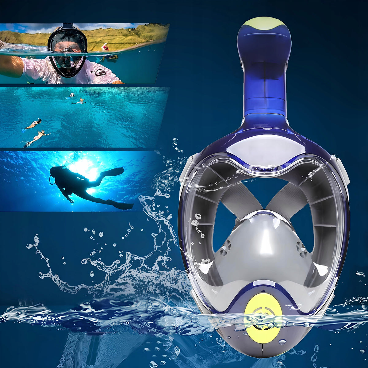 Diving Mask Snorkeling Full Face FITS WELL S/M +ETUI Color blue