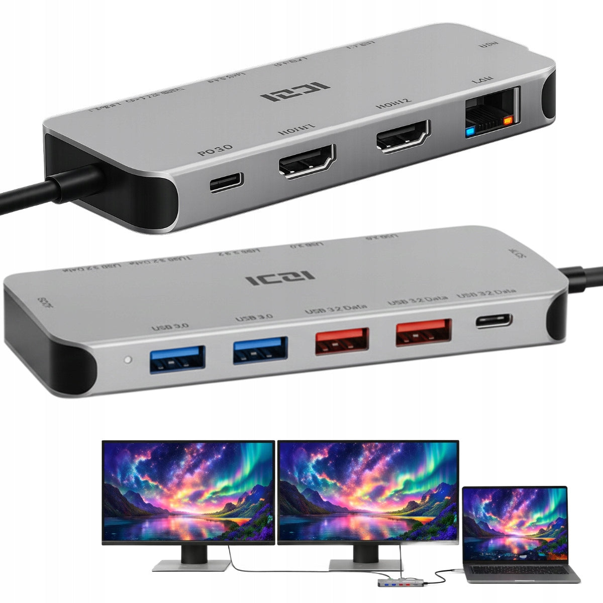 Docking Station for Two HDMI Monitors USB-C 3.0 RJ45 HUB Port Splitter