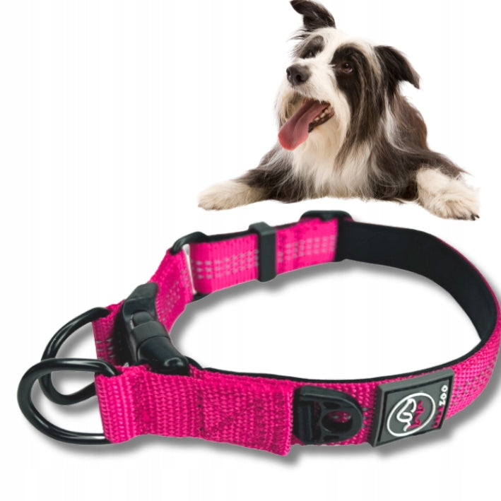 Dog COLLAR STRONG RICO 30-40CM reflective double ring FUCHSIA pink - M