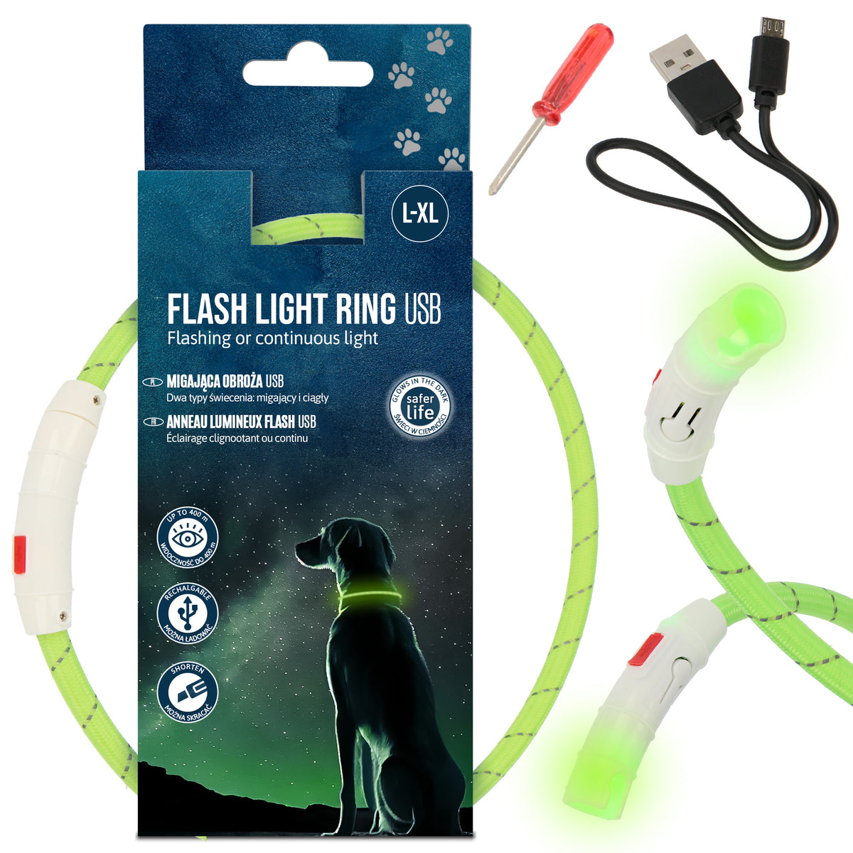 Dog Collar 65cm REFLECTIVE GLOWING DARK LED Light ADJUSTABLE ES