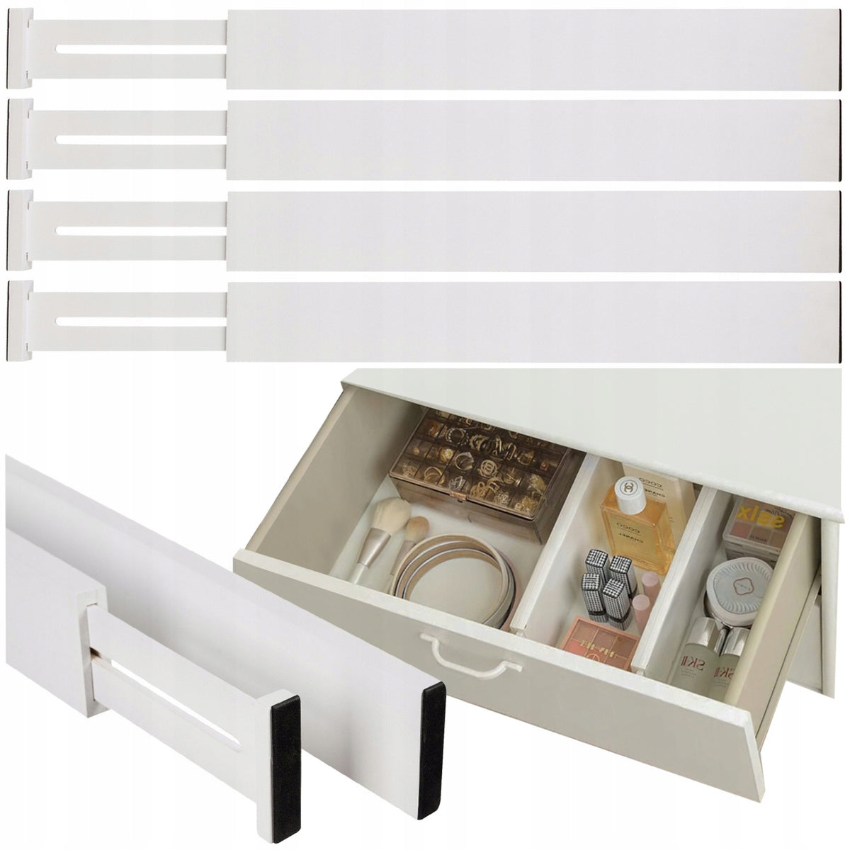 Drawer Organizer Compartment Separator Adjustable Bamboo White 4 Pcs