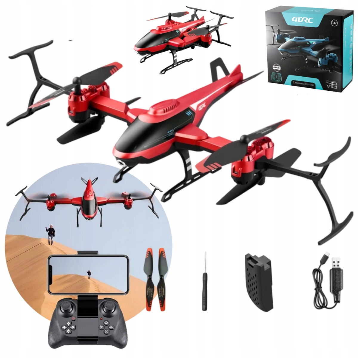 Drone Helicopter Remote Controlled Red Flying With HD Camera 1080p