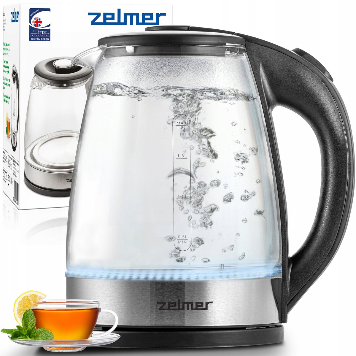ELECTRIC KETTLE ZELMER GLASS STAINLESS STEEL BACKLIGHT LED 1,8L