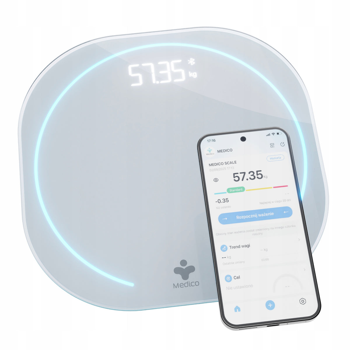 ELECTRONIC BATHROOM SCALE MEDICO, SMART, APPLICATION in Polish, BMI, SLIM Packaging status original
