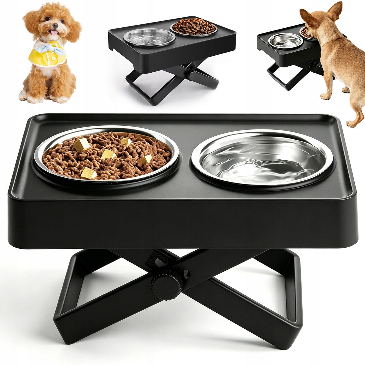 ELEVATED STAND FOR 2 HEIGHT ADJUSTABLE DOG BOWLS STAINLESS STEEL