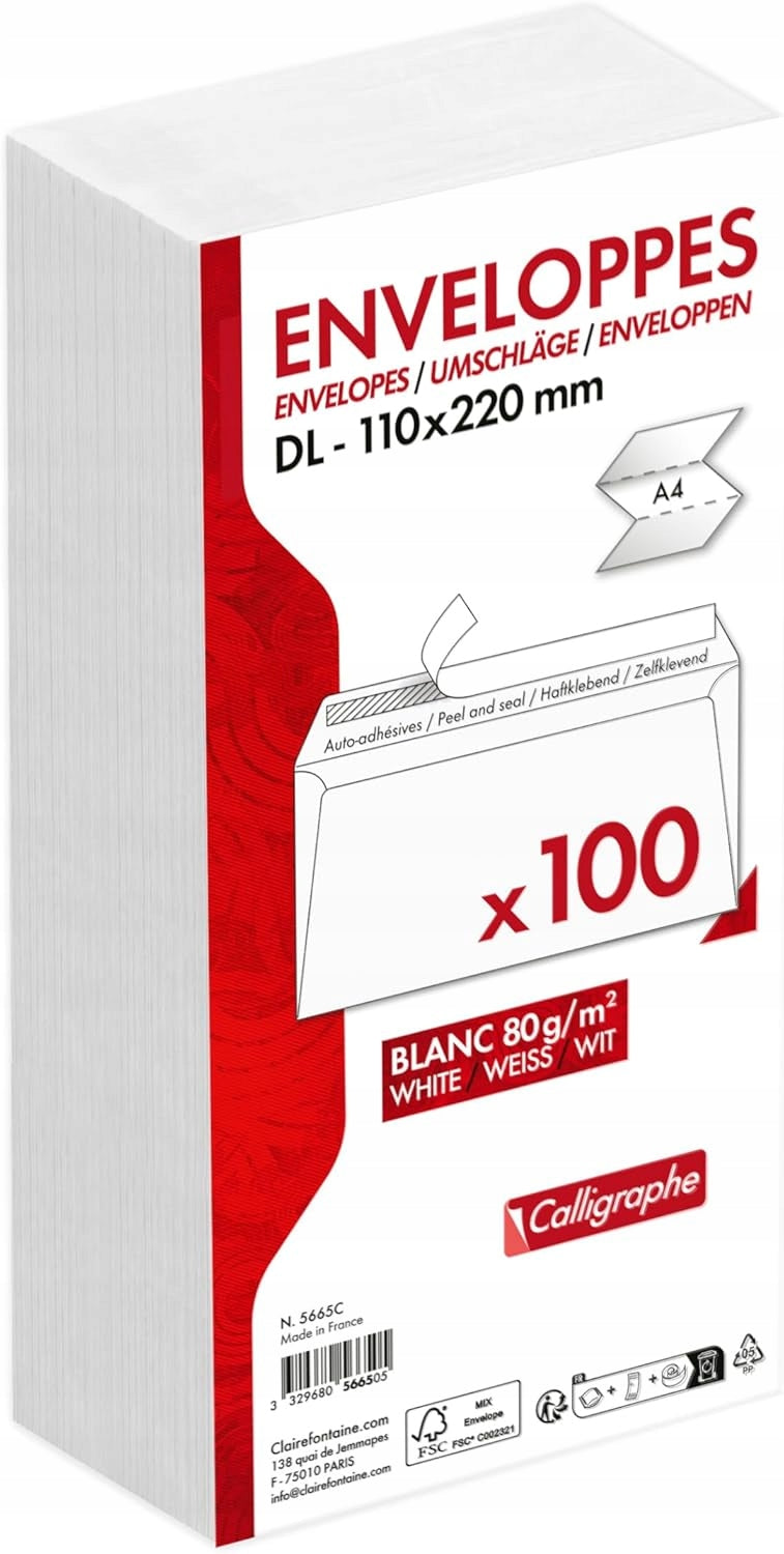 ENVELOPES DL WHITE 110X220MM SELF-ADHESIVE 100PCS 80G/M²