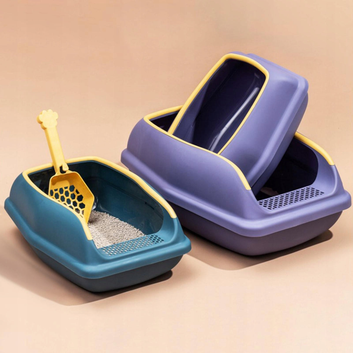Easy Entry Cat Litter Box with High Rim, Removable PP Toilet, L Violet Packaging status original