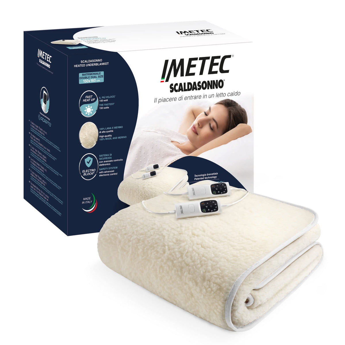 Electric blanket Imetec Adapto R1506 white 2x150W 150x160cm merino wool