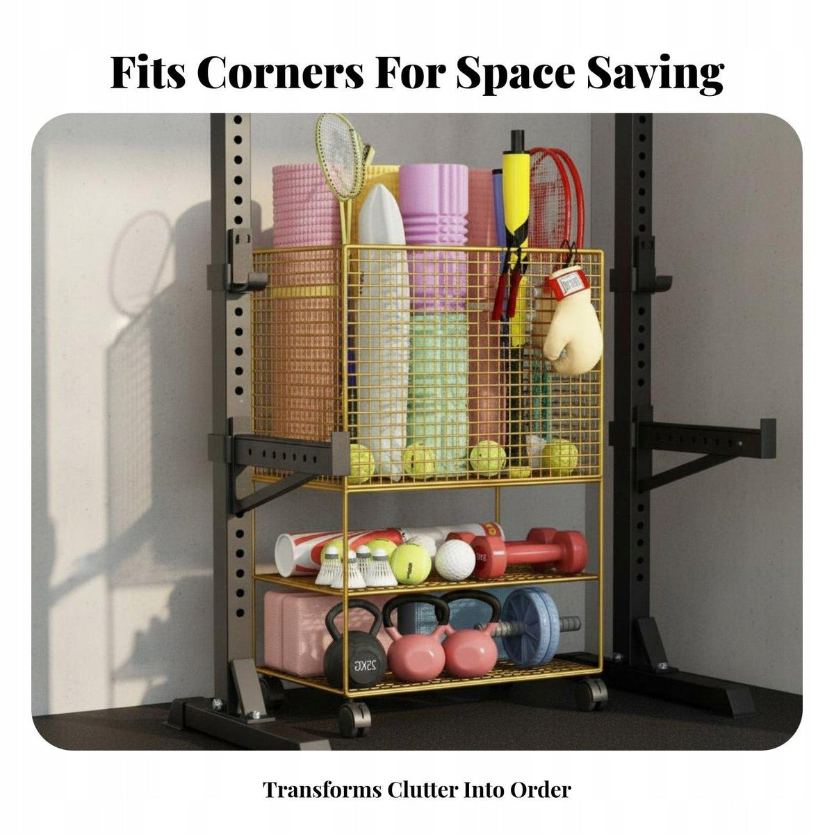Exercise Mat Storage Rack With Wheels Home Gym Gold Upgraded Mobile Packaging status original